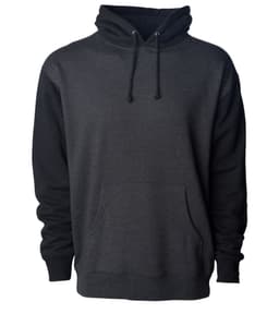 A heavyweight pullover hood in charcoal grey with black sleeves, featuring a front pouch pocket and a hood.