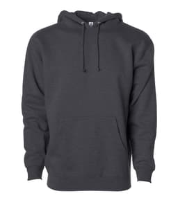 A heavyweight pullover hoodie in charcoal grey with a front pocket and drawstring hood, featuring a logo.