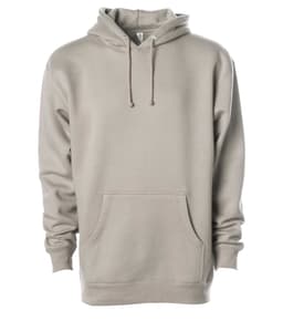 A beige heavyweight pullover hood with a front pocket and drawstring hood. It features a logo on the chest.