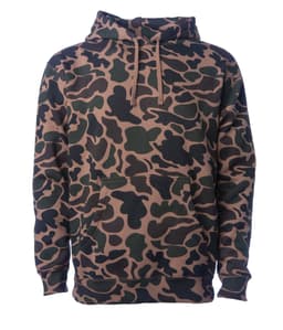 A men's heavyweight pullover hood in a camouflage pattern featuring shades of brown and green. It has a front pouch pocket and a logo.