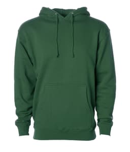A green heavyweight pullover hood with a front pocket and a hood. The item features branding on the front.