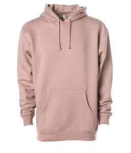 A heavyweight pullover hood in a soft pink shade, featuring a front pocket and a drawstring hood. It has a logo.