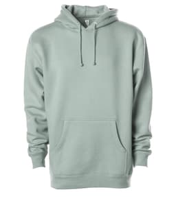 A mint green heavyweight pullover hood with a front pocket and drawstring hood, featuring a logo.