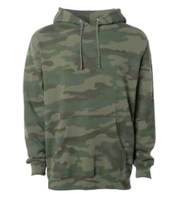 A camouflage patterned heavyweight pullover hood in various shades of green, featuring a front pocket and a logo.