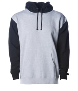 A heavyweight pullover hood in grey with black sleeves, featuring a hood and front pocket. It has a logo.
