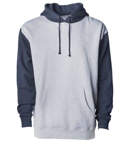 A heavyweight pullover hood in grey with navy sleeves, featuring a front pocket and a hood. It has a logo.