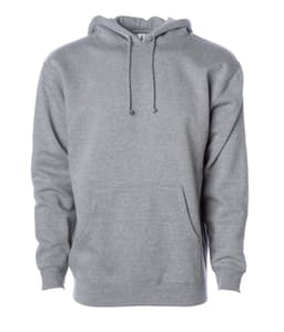 A grey heavyweight pullover hood with a front pocket and a drawstring hood. It features a branding logo.