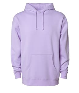 A lilac heavyweight pullover hood with a front pocket and a hood, featuring a logo.