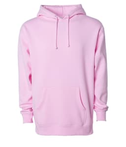 A pink heavyweight pullover hoodie featuring a front pocket and a drawstring hood. The item has a logo.