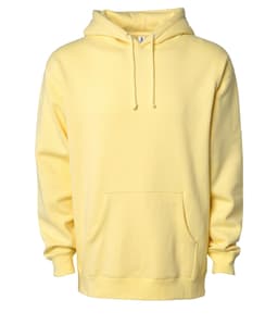 A yellow heavyweight pullover hood with a pouch pocket and a hood. It features a logo on the front.