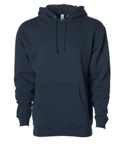 A navy blue heavyweight pullover hoodie featuring a front pocket and a drawstring hood. It has a logo on the label.
