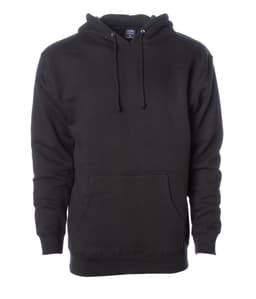 A black heavyweight pullover hooded sweatshirt with a front pocket and drawstrings. It features a logo.