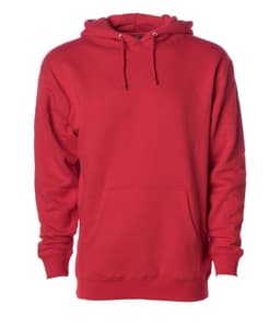 A red heavyweight pullover hood with a front pocket and adjustable drawstring hood. It features a logo.