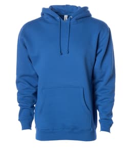 A blue heavyweight pullover hood with a front pocket and drawstring hood, featuring a logo.