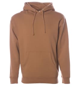 A heavyweight pullover hood in a warm brown colour, featuring a front pocket and an adjustable drawstring hood.