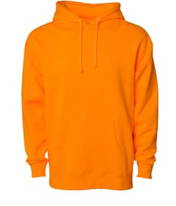 An orange heavyweight pullover hooded sweatshirt with a front pocket and drawstrings, featuring a logo.