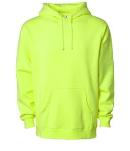 A bright yellow heavyweight pullover hood with a kangaroo pocket and a drawstring hood. It features a logo.