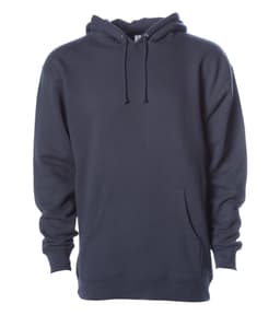 A heavyweight pullover hood in navy blue featuring a front pocket and a hood, with a logo on the sleeve.