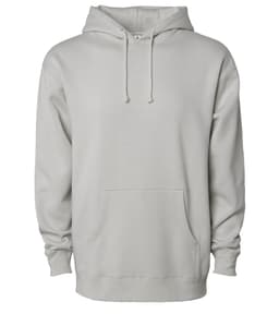 A heavyweight pullover hood in a light grey colour with a front pocket and a hood, featuring a logo.