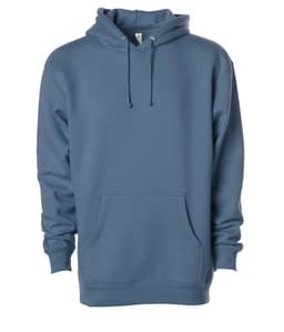 A blue heavyweight pullover hood with a front pocket and a drawstring hood, featuring a logo.