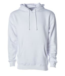 A white heavyweight pullover hood with a front pocket and a hood, featuring a logo on the side.