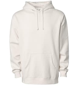 A cream heavyweight pullover hood featuring a front pocket and a hood. It has a logo on the front.