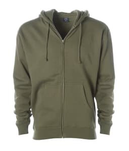 A men's heavyweight zip hoodie in olive green featuring a front pocket and an adjustable hood. It has a logo.