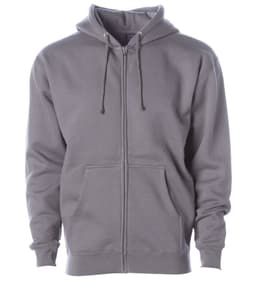 A heavyweight zip hoodie in grey with a front zipper and two pockets, featuring a hood and drawstrings.