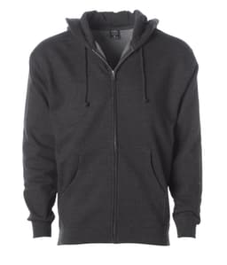 A heavyweight zip hood in dark grey features a front zipper and two side pockets, with an attached hood.