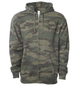 A heavyweight zip hood in a camouflage pattern, featuring shades of green and brown. It has a hood and front zipper.