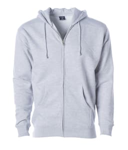 A grey heavyweight zip hoodie featuring a drawstring hood and front pockets, with a logo on the label.