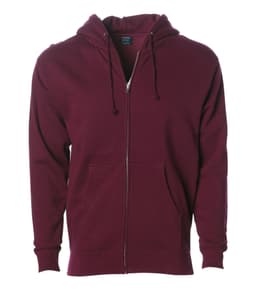 A maroon heavyweight zip hood with a front pocket and drawstring hood. It features a logo on the label.