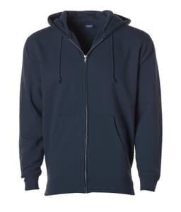 A navy heavyweight zip hood with a front pocket and drawstrings, featuring a logo on the inside.