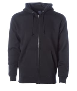 A black heavyweight zip hoodie featuring a front zipper and a hood, with a logo visible.