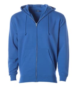 A blue heavyweight zip hoodie featuring a front zip and double-striped hood. It has a kangaroo pocket and a logo.