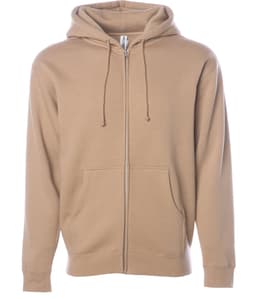 A men's heavyweight zip hoodie in a light brown colour, featuring a front zip and two pockets.