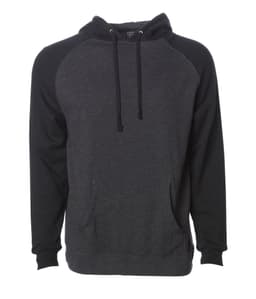 A raglan sleeve pullover hood in charcoal grey with black sleeves, featuring a front pocket and a drawstring hood.