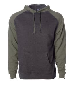 A raglan sleeve pullover hood in dark grey with olive green sleeves and a front pocket. Features a logo.