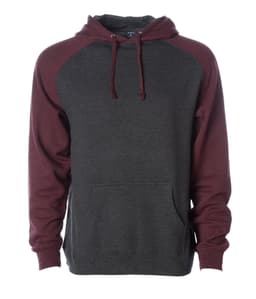 A raglan sleeve pullover hood in dark grey with maroon sleeves, featuring a kangaroo pocket and a hood.