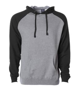 A raglan sleeve pullover hood in grey with black sleeves, featuring a front pocket and a drawstring hood.