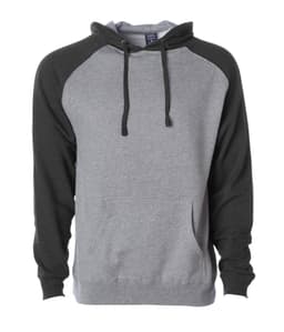 A grey pullover hoodie with black raglan sleeves and a front pocket, featuring a hood and drawstrings.