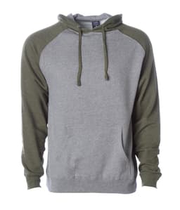 A raglan sleeve pullover hood in grey with olive green sleeves. Features a front pocket and includes a logo.