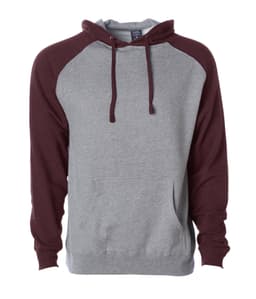 A raglan sleeve pullover hood in grey with burgundy sleeves, featuring a front pocket and a drawstring hood.
