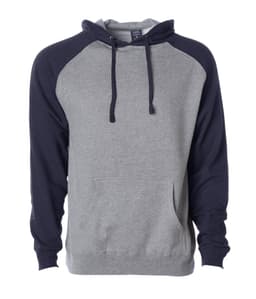 A grey pullover hood with navy raglan sleeves and a front pocket. Features a logo on the chest.