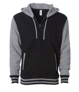 A black and grey unisex varsity zip hood with a hood and contrasting sleeves, featuring pockets and a logo.