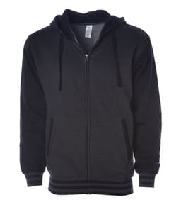 A unisex varsity zip hood in shades of black, featuring a zip front, hood, and long sleeves. It has a branding logo.