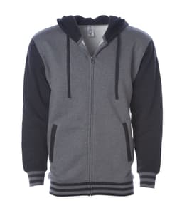 A unisex varsity zip hood made of grey fabric with dark sleeves, featuring a hood and front pockets.