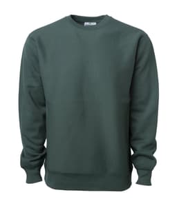 A heavyweight crew sweatshirt in deep green, featuring long sleeves and a classic crew neck design. It has a logo.