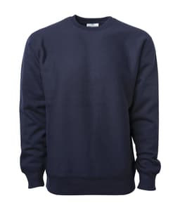 A navy heavyweight crew sweatshirt features ribbed cuffs and a crew neckline. It has a logo on the label.