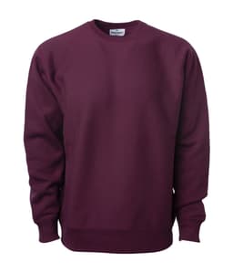 A maroon heavyweight crew sweatshirt with long sleeves and a crew neckline. It features a label inside and a branding logo.